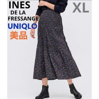 ユニクロ(UNIQLO)のユニクロ イネス ツイストプリーツロングスカート XL ペイズリー 黒(ロングスカート)