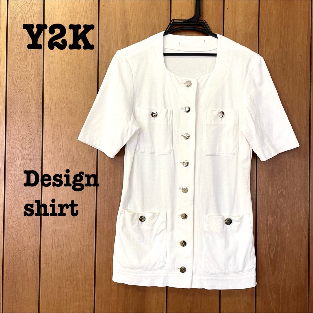 Lochie(ロキエ)の美品【Y2Kデザイン 】ロングシャツ　ジャケットシャツ　サファリシャツ レディースのトップス(シャツ/ブラウス(半袖/袖なし))の商品写真