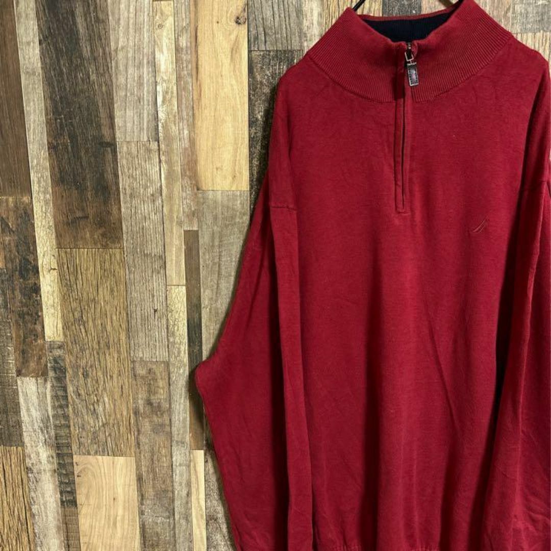 NAUTICA(ノーティカ)のノーティカ レッド ニット ハーフジップ XXL ロゴ セーター 赤 USA古着 メンズのトップス(ニット/セーター)の商品写真