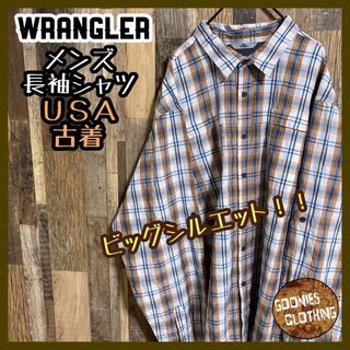 ラングラー(Wrangler)のラングラー チェック オレンジ ブルー ホワイト ロゴ 長袖 シャツ USA古着(シャツ)