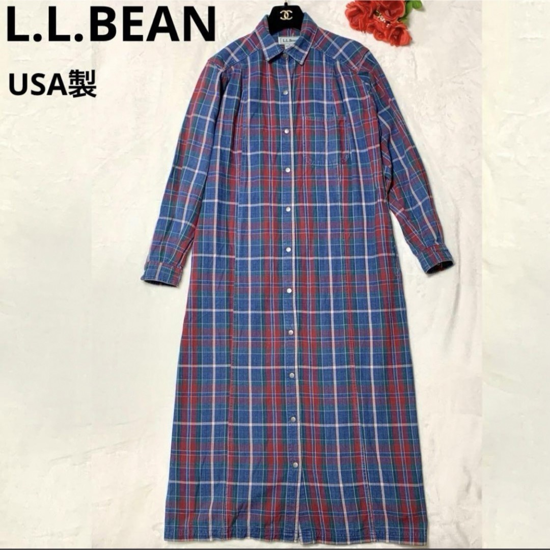 L.L.Bean(エルエルビーン)の【美品】L.L.BEAN USA製 ロングシャツ ワンピース タータンチェック レディースのワンピース(ロングワンピース/マキシワンピース)の商品写真