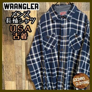 ラングラー(Wrangler)のラングラー メンズ USA古着 長袖 シャツ チェック ネイビー ホワイト 紺(シャツ)