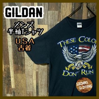 ブラック メンズ ギルダン イーグル 国旗 L USA古着 半袖 Tシャツ(Tシャツ/カットソー(半袖/袖なし))