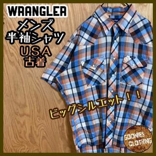 ラングラー(Wrangler)のラングラー チェック シャツ XL ロゴ ブルー オレンジ USA古着 半袖(シャツ)