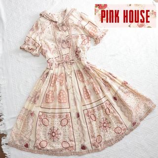 ピンクハウス(PINK HOUSE)の極美品!!　セーラー襟　PINK HOUSE 　ピコフリル　ワンピース　レトロ柄(ロングワンピース/マキシワンピース)