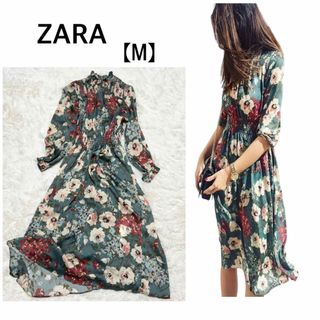 ザラ(ZARA)の【美品】ZARA フラワープリントワンピース ギャザー 総柄 グリーン M(ひざ丈ワンピース)