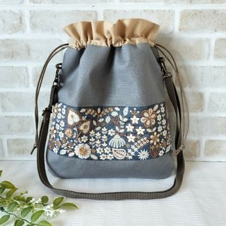 インド刺繍リボン　巾着ポーチ　ミニバッグ　ポシェット　ショルダー紐付き　グレー(バッグ)