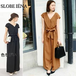 イエナ(IENA)のウエストマークで綺麗シルエット♪ リボンカシュクールオールインワン　M ブラウン(ロングワンピース/マキシワンピース)