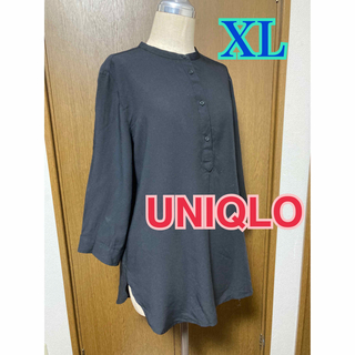 ユニクロ(UNIQLO)のUNIQLO バンドカラー　レーヨンシャツブラウス　黒 XL(シャツ/ブラウス(長袖/七分))