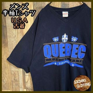 メンズ プリント ネイビー Vネック Tシャツ USA古着 90s 半袖 L(Tシャツ/カットソー(半袖/袖なし))