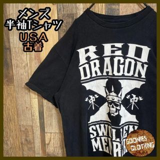 レッド ドラゴン ガイコツ スカル プリント Tシャツ USA古着 90s 半袖(Tシャツ/カットソー(半袖/袖なし))