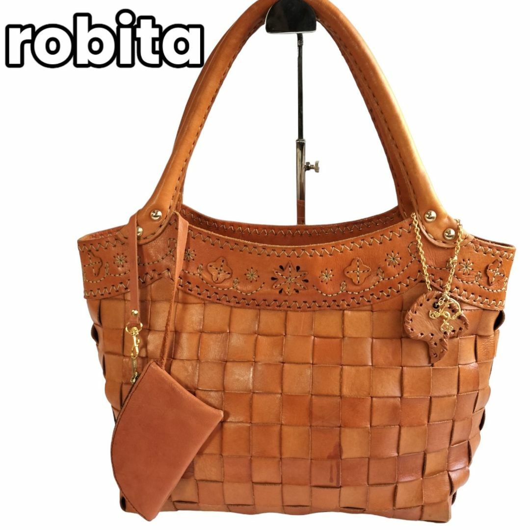 robita(ロビタ)の【ハンドメイド編み込みレザー✨】　ロビタ　レザーかごバッグ メッシュレザー 刺繍 レディースのバッグ(トートバッグ)の商品写真