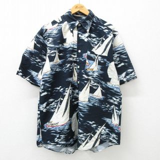 ノーティカ(NAUTICA)のXL★古着 ノーティカ NAUTICA 半袖 ブランド シャツ メンズ ヨット ロング丈 コットン ボタンダウン 紺他 ネイビー 24apr10 中古 トップス(シャツ)