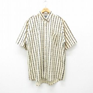 XL★古着 半袖 シャツ メンズ 90年代 90s 大きいサイズ ロング丈 コットン ボタンダウン ベージュ他 カーキ ストライプ 24apr10 中古 トップス(シャツ)