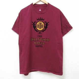 ディズニー(Disney)のM★古着 半袖 Tシャツ メンズ ディズニー DISNEY タワーオブテラー フロッキープリント コットン クルーネック エンジ 24apr10 中古(Tシャツ/カットソー(半袖/袖なし))