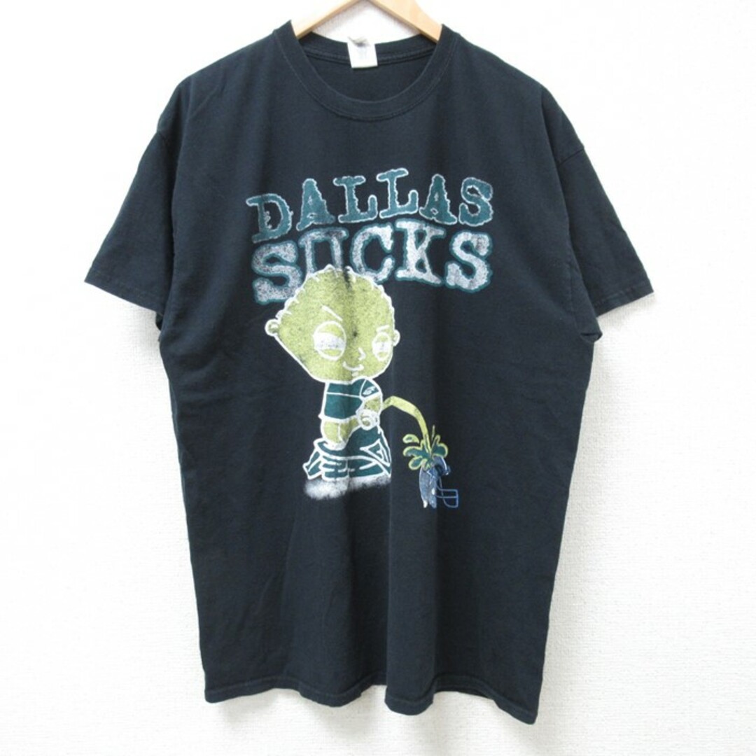 FILA(フィラ)のXL★古着 半袖 Tシャツ メンズ NFL フィラデルフィアイーグルス DALLAS SUCKS コットン クルーネック 黒 ブラック アメフト スーパーボウル 【spe】 24apr10 中古 メンズのトップス(Tシャツ/カットソー(半袖/袖なし))の商品写真