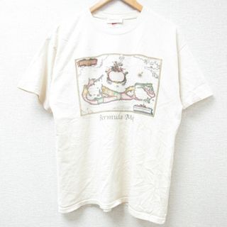 ヘインズ(Hanes)のL★古着 ヘインズ Hanes 半袖 Tシャツ メンズ Bermuda Map 地図 コットン クルーネック 生成り 24apr10 中古(Tシャツ/カットソー(半袖/袖なし))