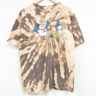 スヌーピー(SNOOPY)のXL★古着 半袖 Tシャツ メンズ ピーナッツ スヌーピー SNOOPY チャーリーブラウン コットン クルーネック ベージュ他 カーキ ブリーチ加工 24apr10 中古(Tシャツ/カットソー(半袖/袖なし))