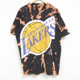 アディダス(adidas)のXL★古着 アディダス adidas 半袖 ブランド Tシャツ メンズ NBA ロサンゼルスレイカーズ コットン クルーネック 黒 ブラック ブリーチ加工 バスケットボール 24apr10 中古(Tシャツ/カットソー(半袖/袖なし))