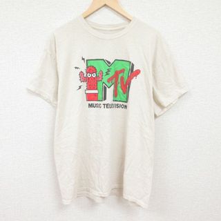 XL★古着 半袖 Tシャツ メンズ MTV ミュージックテレビジョン 大きいサイズ コットン クルーネック 薄ベージュ カーキ 【spe】 24apr10 中古(Tシャツ/カットソー(半袖/袖なし))