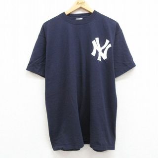 マジェスティック(Majestic)のXL★古着 マジェスティック 半袖 ビンテージ Tシャツ メンズ 00年代 00s MLB ニューヨークヤンキース コットン クルーネック 紺 ネイビー 24apr10 中古(Tシャツ/カットソー(半袖/袖なし))