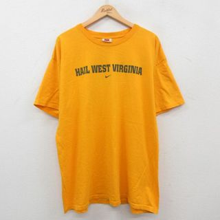 ナイキ(NIKE)のXL★古着 ナイキ NIKE 半袖 ビンテージ Tシャツ メンズ 00年代 00s ウエストバージニア大学 ワンポイントロゴ 大きいサイズ ロング丈 コットン クルーネック 黄 イエロー 24apr10 中古(Tシャツ/カットソー(半袖/袖なし))