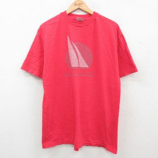 ヘインズ(Hanes)のXL★古着 ヘインズ Hanes 半袖 ビンテージ Tシャツ メンズ 90年代 90s MACKINAC ヨット コットン クルーネック USA製 赤 レッド 24apr10 中古(Tシャツ/カットソー(半袖/袖なし))