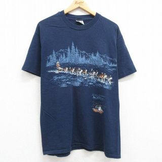 ヘインズ(Hanes)のXL★古着 ヘインズ Hanes 半袖 ビンテージ Tシャツ メンズ 90年代 90s 犬 ハスキー コットン クルーネック 紺 ネイビー 24apr10 中古(Tシャツ/カットソー(半袖/袖なし))