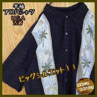 USA古着 半袖 アロハ シャツ 総柄 柄シャツ ハワイ ブラック 黒 メンズ(シャツ)