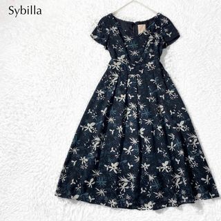 Sybilla - 【美品】Sybillaシビラ 花 刺繍 フレア タックワンピース Aライン