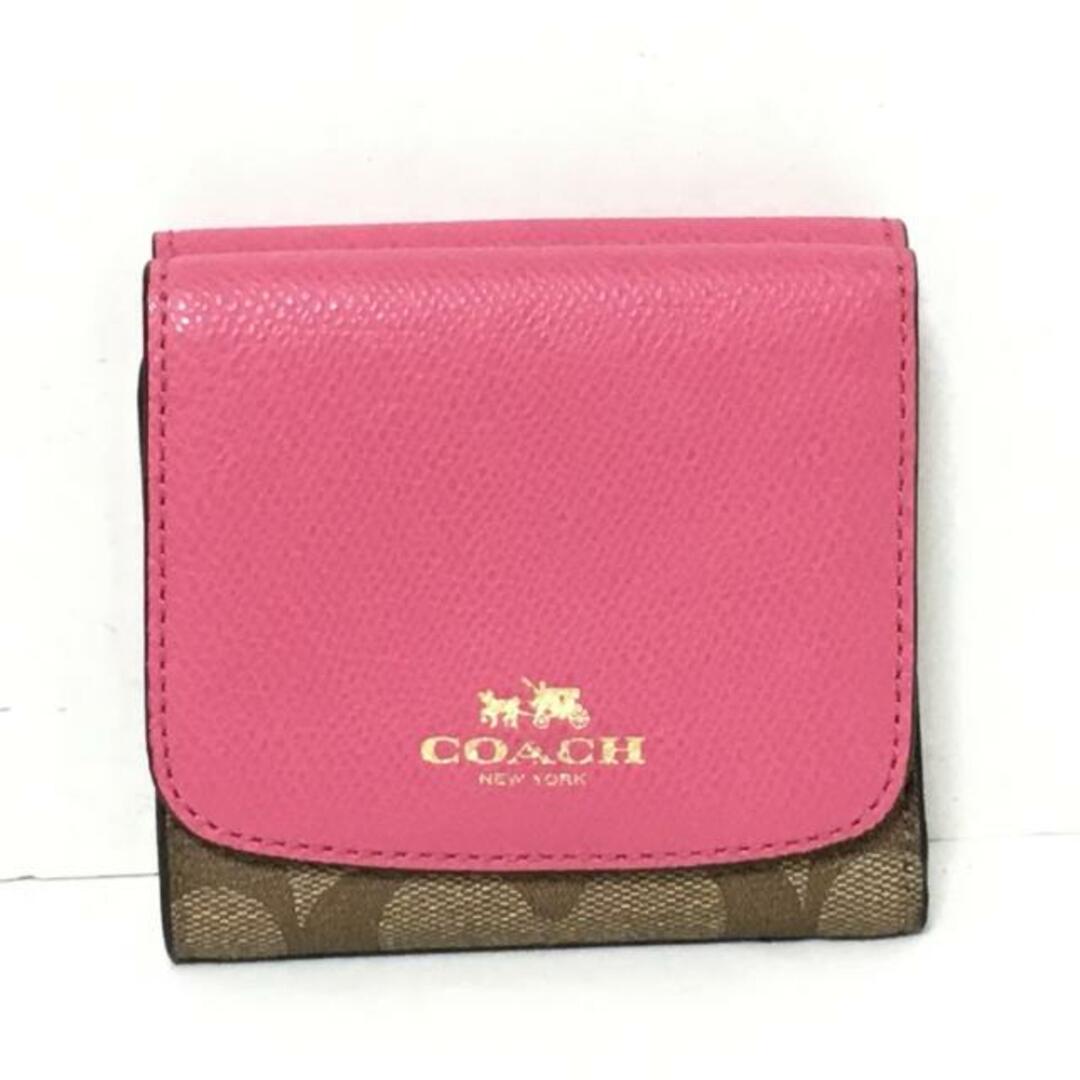 COACH(コーチ)のCOACH(コーチ) 3つ折り財布 シグネチャー柄 F53837 ピンク×カーキ レザー×PVC(塩化ビニール) レディースのファッション小物(財布)の商品写真