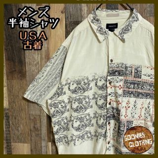 メンズ シャツ ベージュ 花柄 線柄 ボタン USA古着 90s 半袖 夏服 L(シャツ)