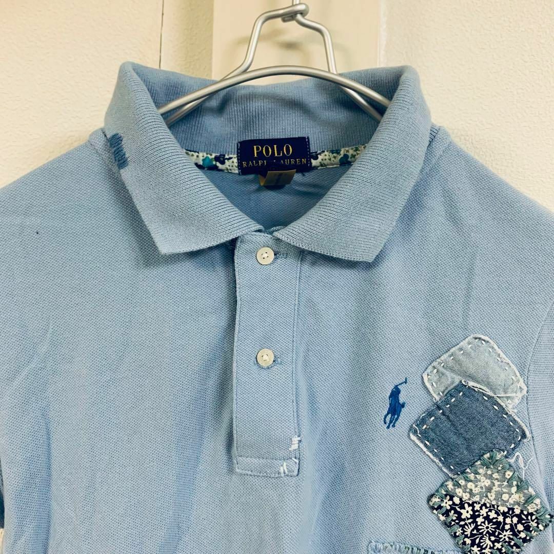 POLO（RALPH LAUREN）(ポロ)のPOLO 　ラルフローレン　ポロシャツ　刺繡　装飾　青　涼しい　ナチュラル　古着 メンズのトップス(ポロシャツ)の商品写真