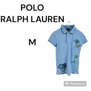 POLO（RALPH LAUREN） - POLO 　ラルフローレン　ポロシャツ　刺繡　装飾　青　涼しい　ナチュラル　古着