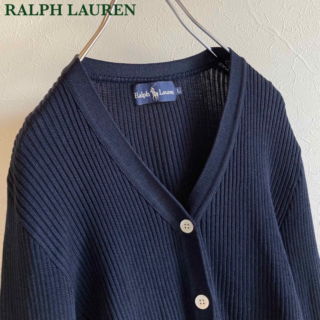 Ralph Lauren(ラルフローレン)のラルフローレン レーヨン シルク Vネック リブニット カーディガン ネイビー レディースのトップス(カーディガン)の商品写真