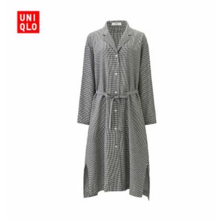 ユニクロ(UNIQLO)のユニクロUNIQLO黒白ギンガムチェックロングシャツワンピースカートリボン開襟(ロングワンピース/マキシワンピース)