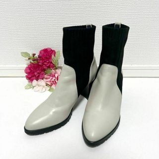 Monet ソックスブーツ オフホワイトコンビ ショート 24.5cm 3E(ブーツ)