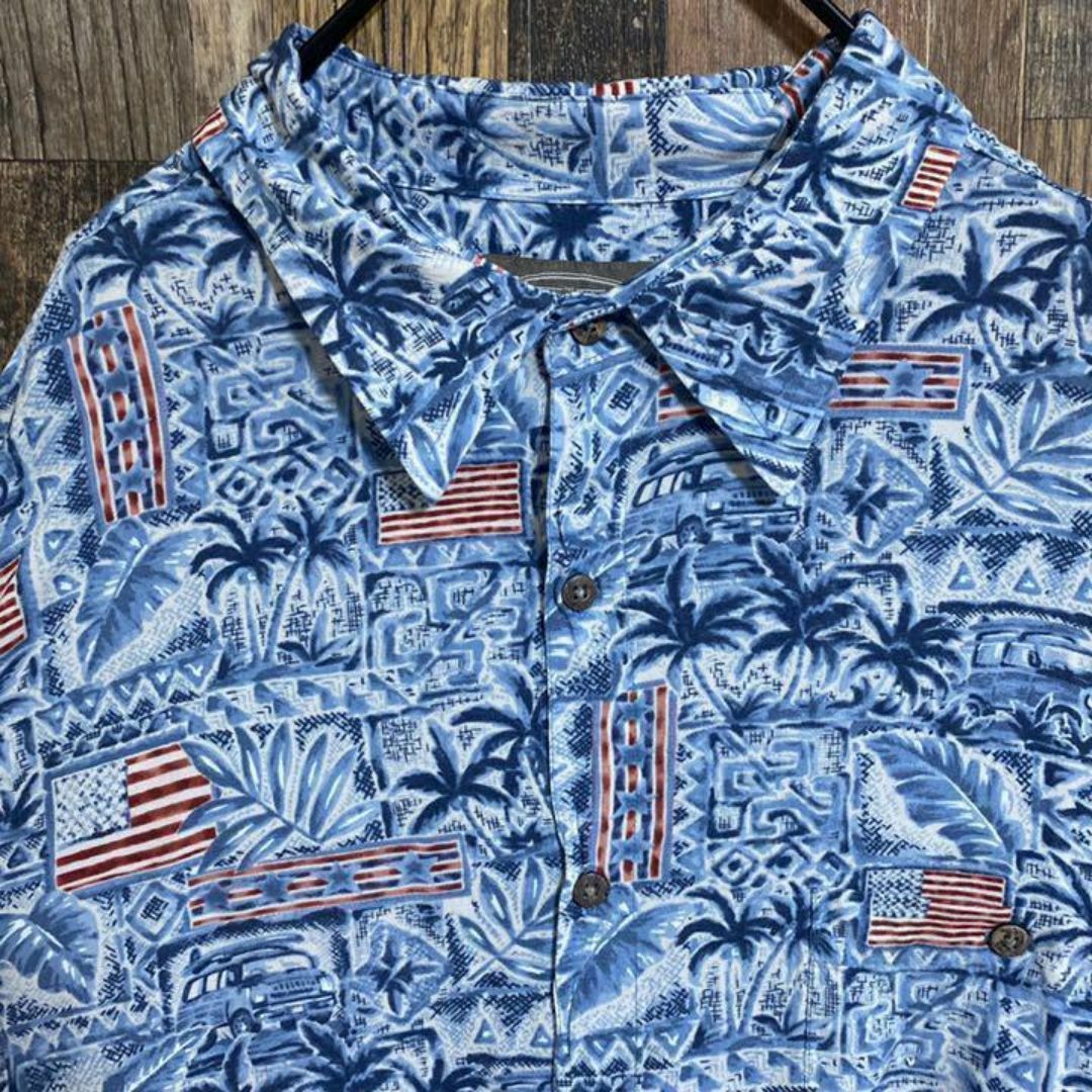 総柄 ブルー アメリカ 国旗 ハワイアン アロハシャツ USA古着 半袖 青 車 メンズのトップス(シャツ)の商品写真