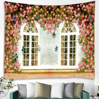 タペストリー 壁飾り おしゃれ壁掛け布 背景 花に囲まれた窓 150ｘ130cm(絵画/タペストリー)