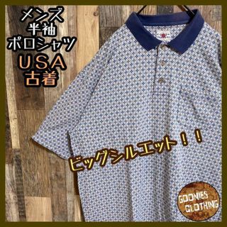 総柄 ネイビー ブルー ポロシャツ メンズ USA古着 90s 半袖 XL(シャツ)