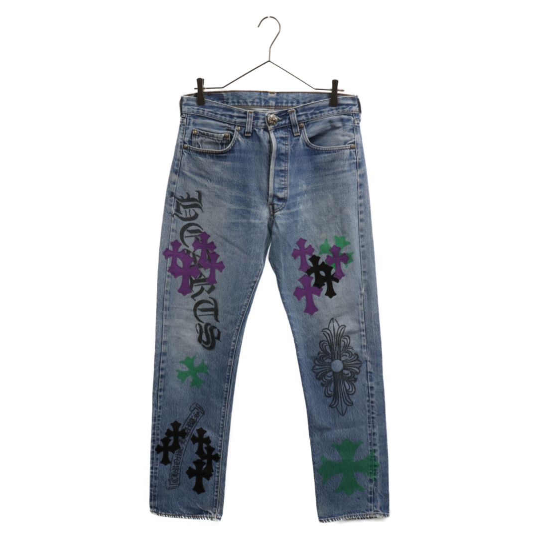 Chrome Hearts(クロムハーツ)のCHROME HEARTS クロムハーツ ×LEVI'S 501 STENCIL DENIM ステンシル ペイントデザイン クロスパッチ付き ストレート デニムパンツ ブルー/パープル メンズのパンツ(デニム/ジーンズ)の商品写真