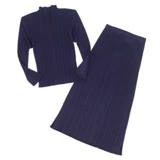 プリーツプリーズイッセイミヤケ(PLEATS PLEASE ISSEY MIYAKE)の美品 プリーツプリーズ イッセイミヤケ PLEATS PLEASE セットアップ ロングスリーブ ブラウス スカート 無地 プリーツ レディース 2(M相当) ネイビー(スーツ)