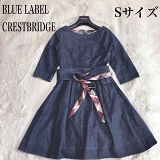 ブルーレーベルクレストブリッジ(BLUE LABEL CRESTBRIDGE)の極美品 ブルーレーベルクレストブリッジ チェック リボン デニムワンピース 総柄(ひざ丈ワンピース)