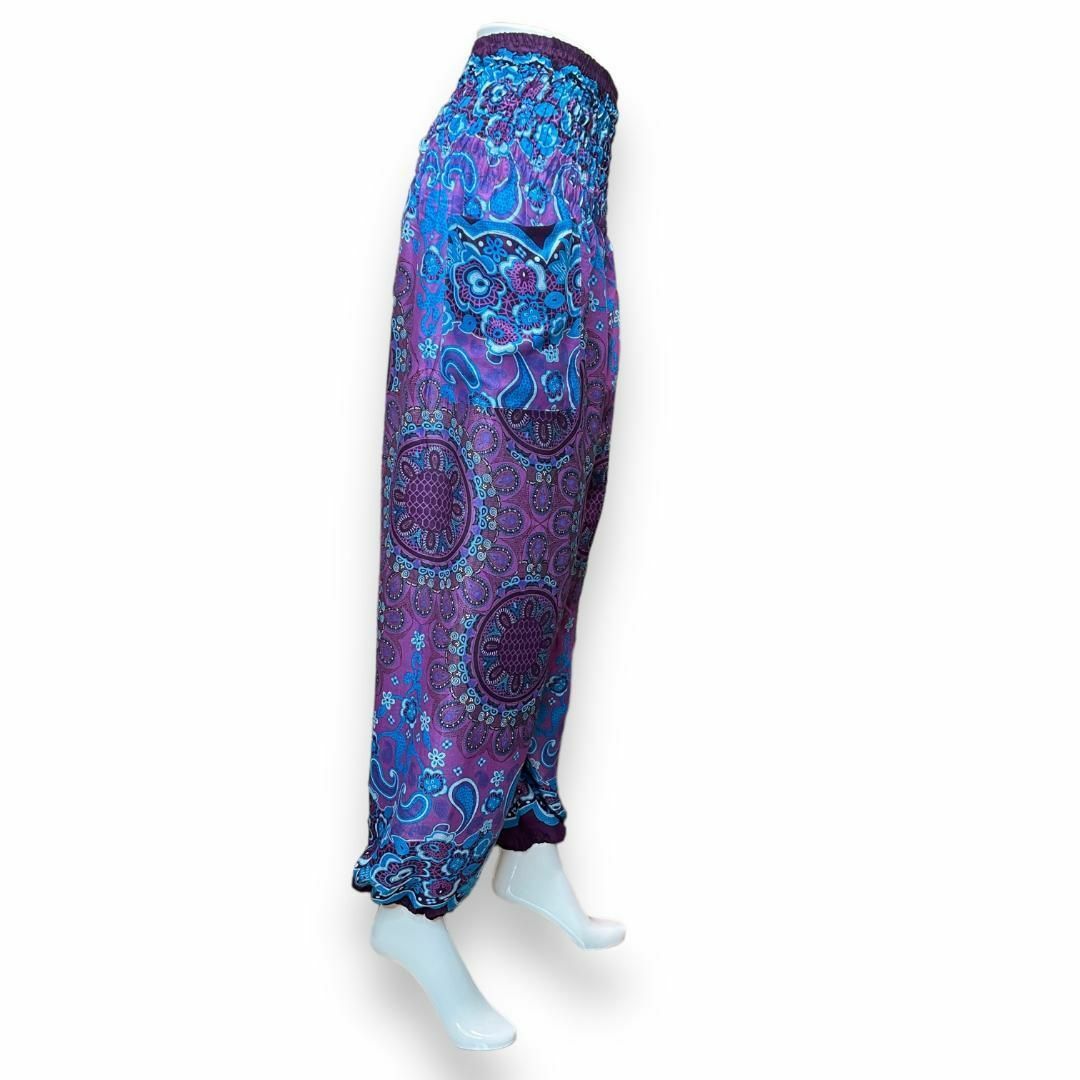タイパンツ ポケット付き レディース シャーリング 青 紫 レディースのパンツ(サルエルパンツ)の商品写真