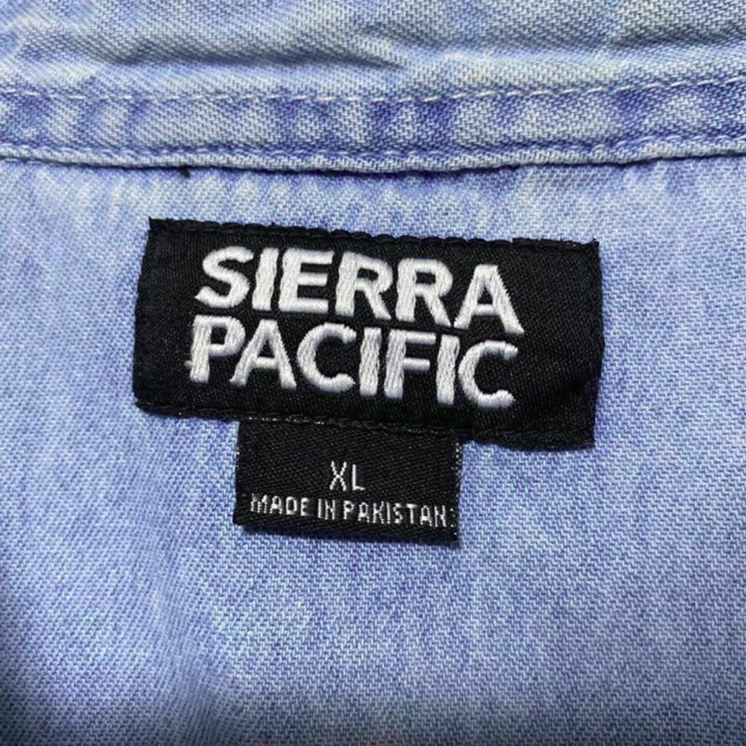 デニム ワークシャツ USA古着 90s 半袖 企業 ロゴ 刺繍 アイスブルー メンズのトップス(シャツ)の商品写真