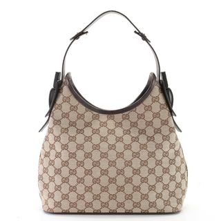 グッチ(Gucci)の極美品 グッチ GGキャンバス 107752 001013 レザー ショルダーバッグ 肩掛け トート ハンド 本革 ブラウン レディース EEM W12-10(ショルダーバッグ)