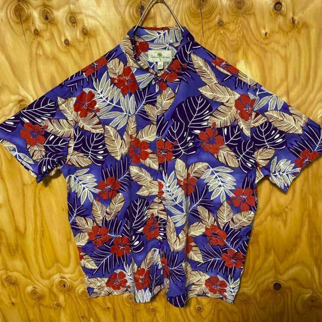 アロハ シャツ ブルー 柄シャツ USA古着 90s 総柄 ハイビスカス 半袖 メンズのトップス(シャツ)の商品写真