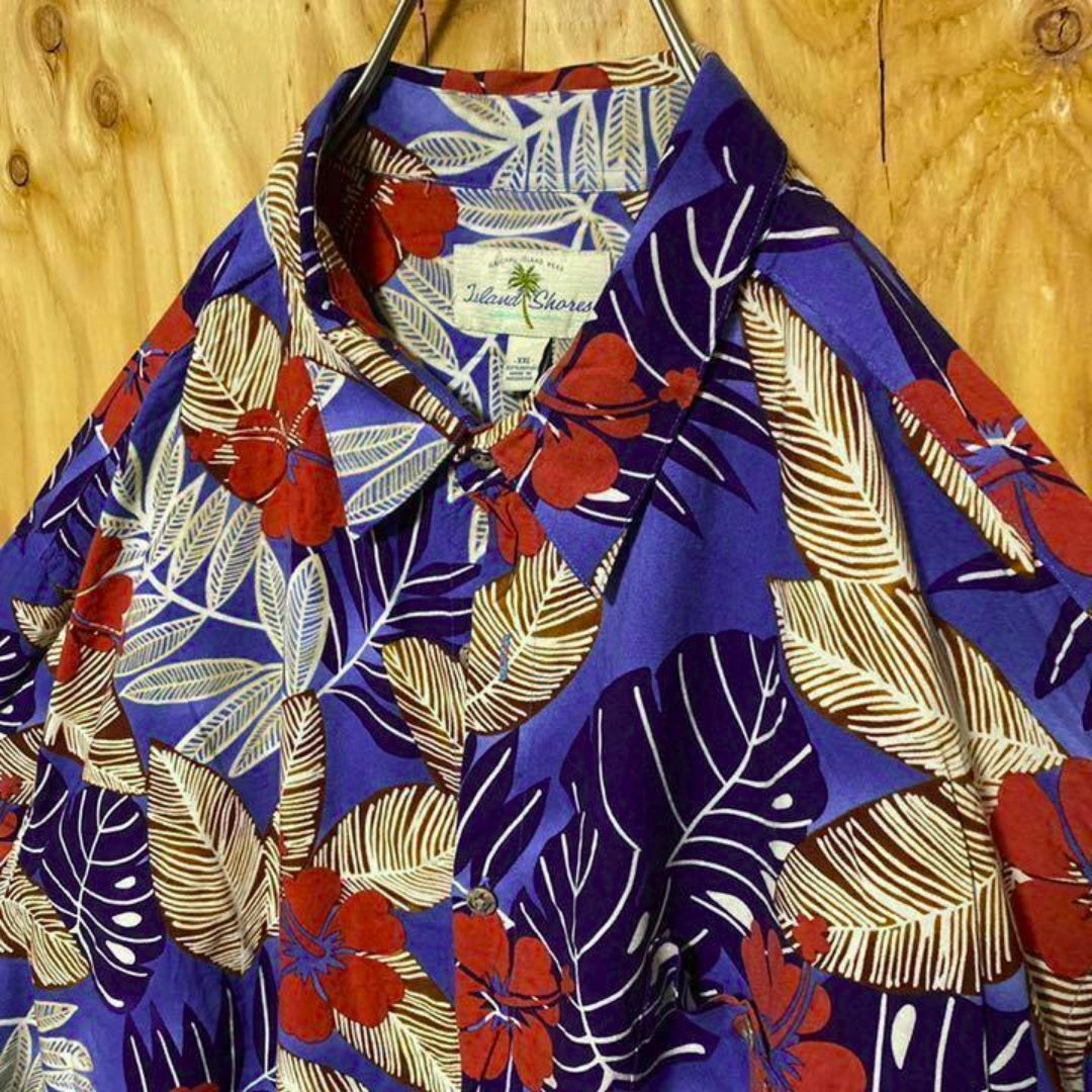 アロハ シャツ ブルー 柄シャツ USA古着 90s 総柄 ハイビスカス 半袖 メンズのトップス(シャツ)の商品写真