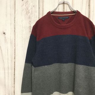 トミーヒルフィガー(TOMMY HILFIGER)の【トミーヒルフィガー コットンニット】ボーダー 袖ロゴ 2XL 古着(ニット/セーター)