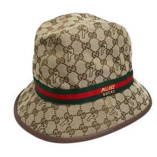 グッチ(Gucci)のグッチ パレス PALACE コラボ ウェブライン バケット ハット 帽子 Mサイズ GGキャンバス ベージュ ゴールド金具 726133 GUCCI（未使用保管品）(ハット)